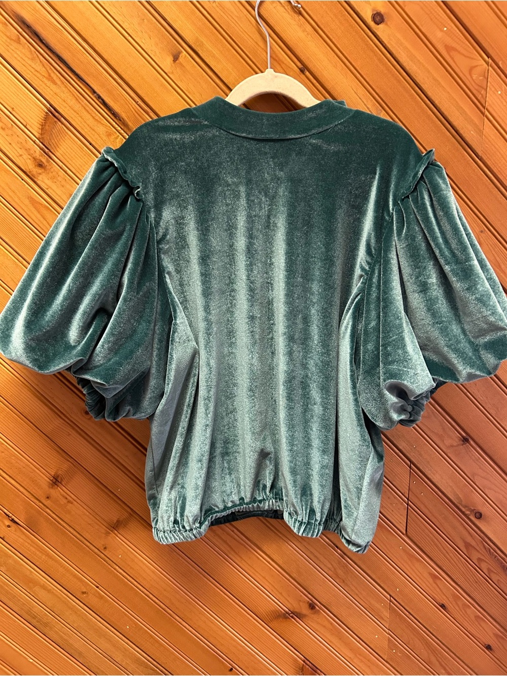 THML Forest Green Velvet Puff-Sleeve Top